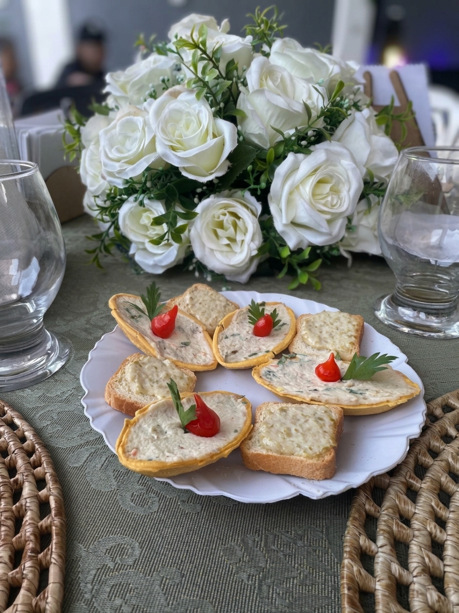 Mesa com flores e dado de tapioca